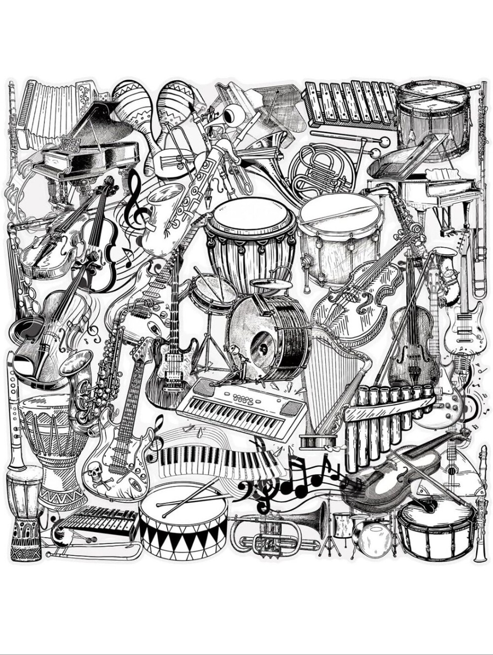 Black & White Musical Instruments Art Print - Unbranded